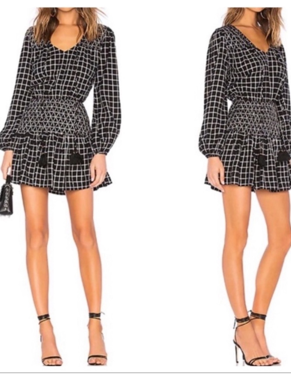 Tularosa Nina Smocked Plaid Mini Dress Black White NWT Size XS